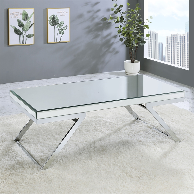 Pemberly Row Contemporary Mirrored Glass and Chrome Metal Cocktail Table