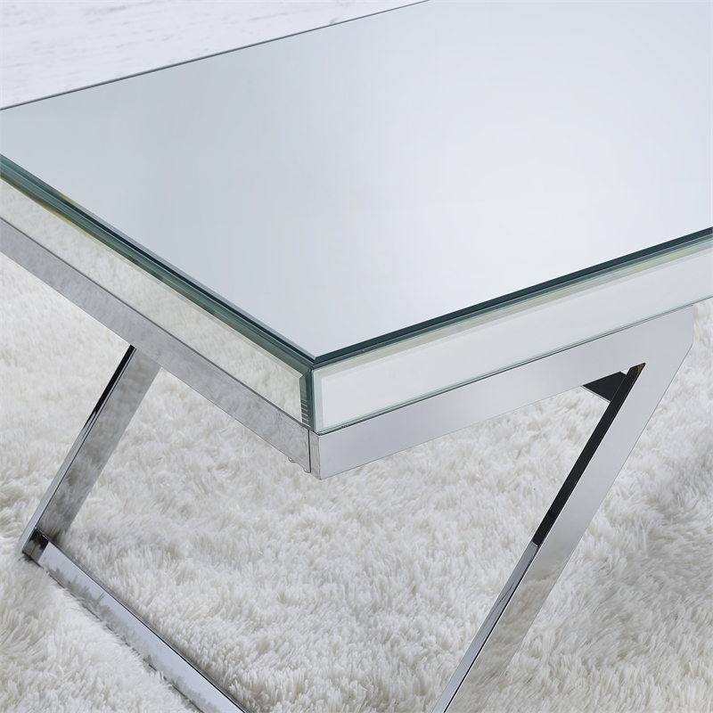 Pemberly Row Contemporary Mirrored Glass and Chrome Metal Cocktail Table