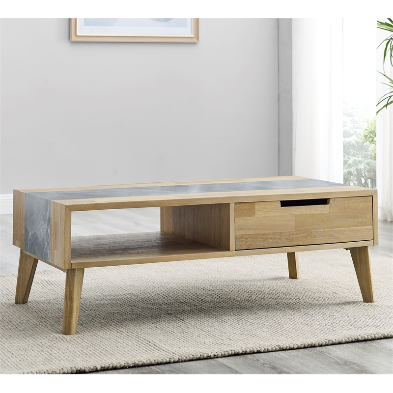 Pemberly Row Mid-Century Natural Finish with Gray Stone Cocktail Table