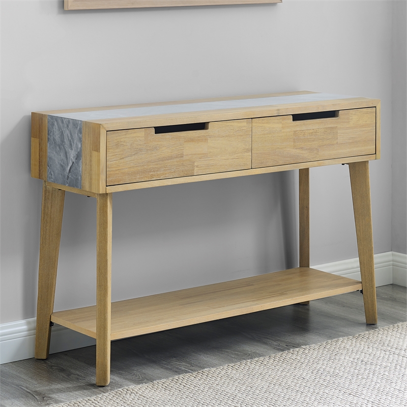 Pemberly Row Mid-Century Natural Finish with Gray Stone Sofa Table