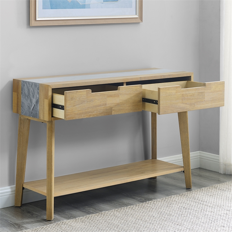 Pemberly Row Mid-Century Natural Finish with Gray Stone Sofa Table