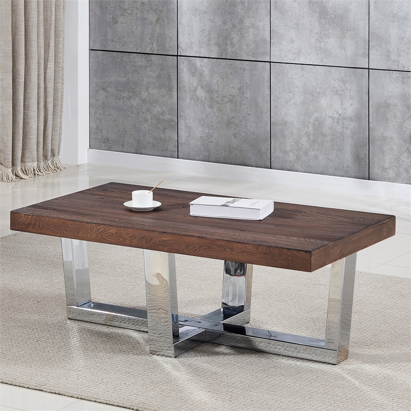 Pemberly Row Transitional Chestnut Wood and Chrome Base Cocktail Table