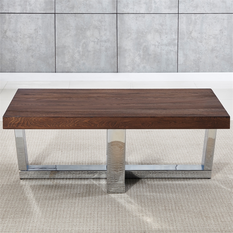 Pemberly Row Transitional Chestnut Wood and Chrome Base Cocktail Table