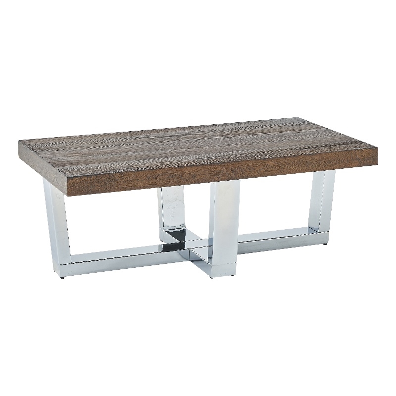 Pemberly Row Transitional Chestnut Wood and Chrome Base Cocktail Table