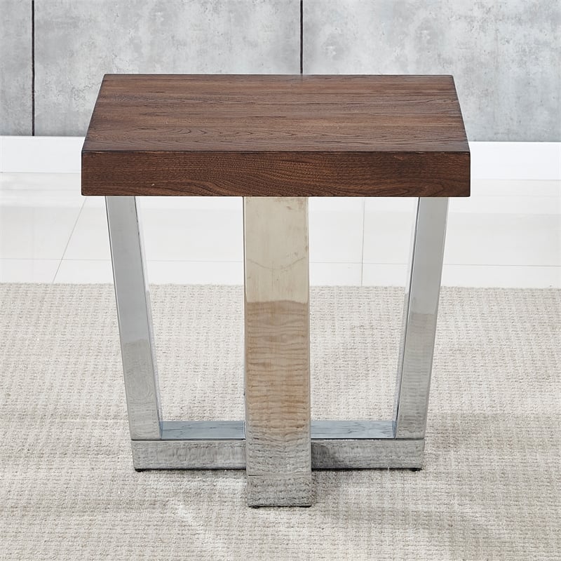 Pemberly Row Transitional Chestnut Wood and Chrome Base Square End Table