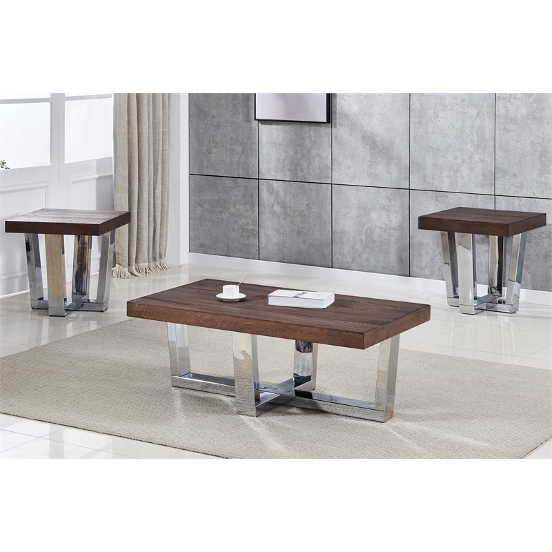 Pemberly Row Transitional Chestnut Wood and Chrome Base Square End Table