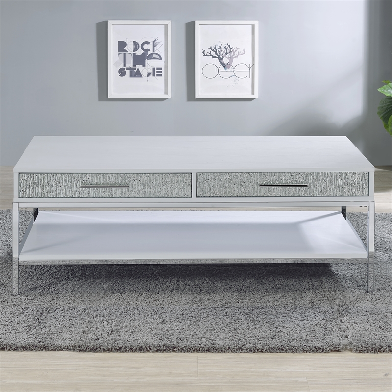 Pemberly Row Contemporary White Wood and Chrome Cocktail Table
