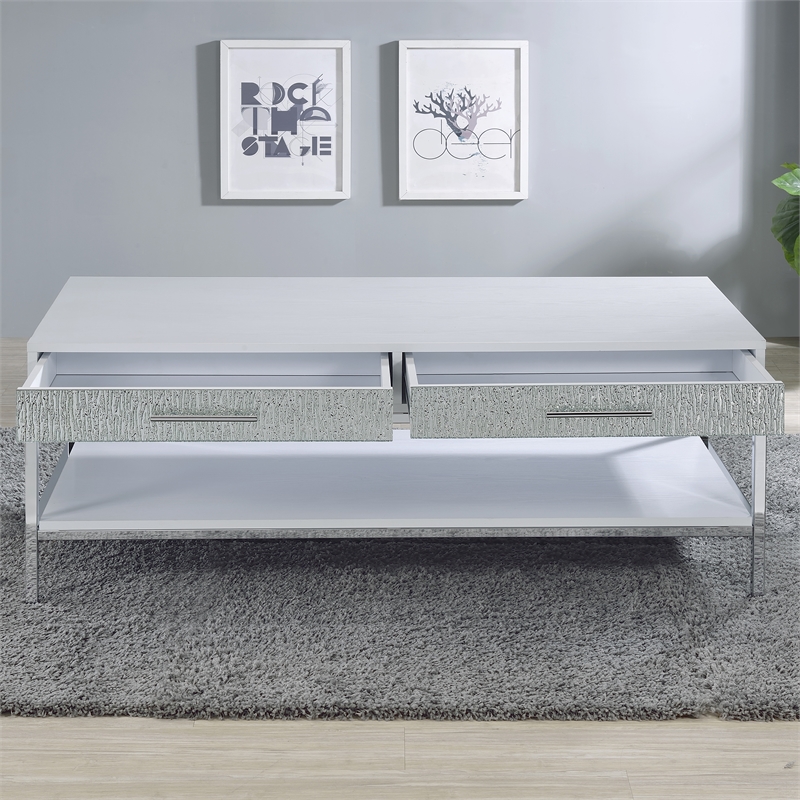 Pemberly Row Contemporary White Wood and Chrome Cocktail Table