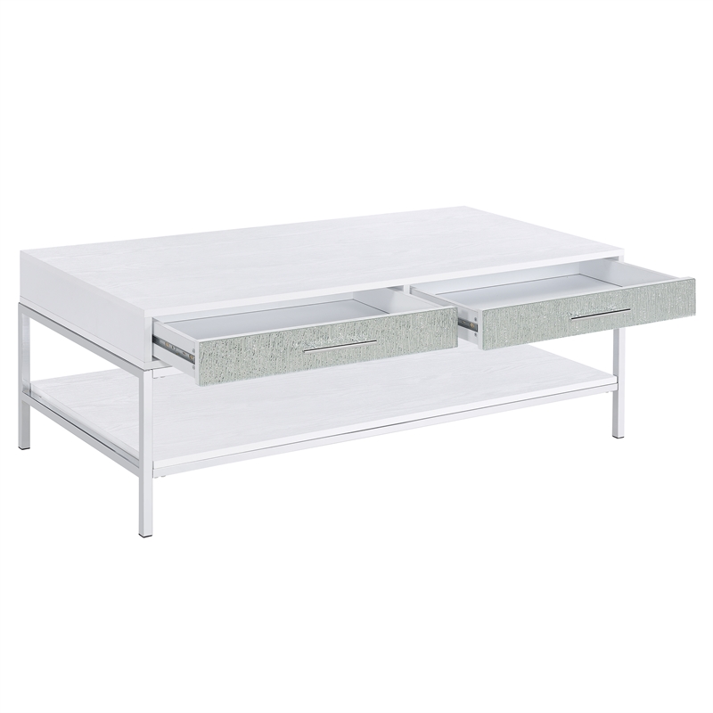 Pemberly Row Contemporary White Wood and Chrome Cocktail Table