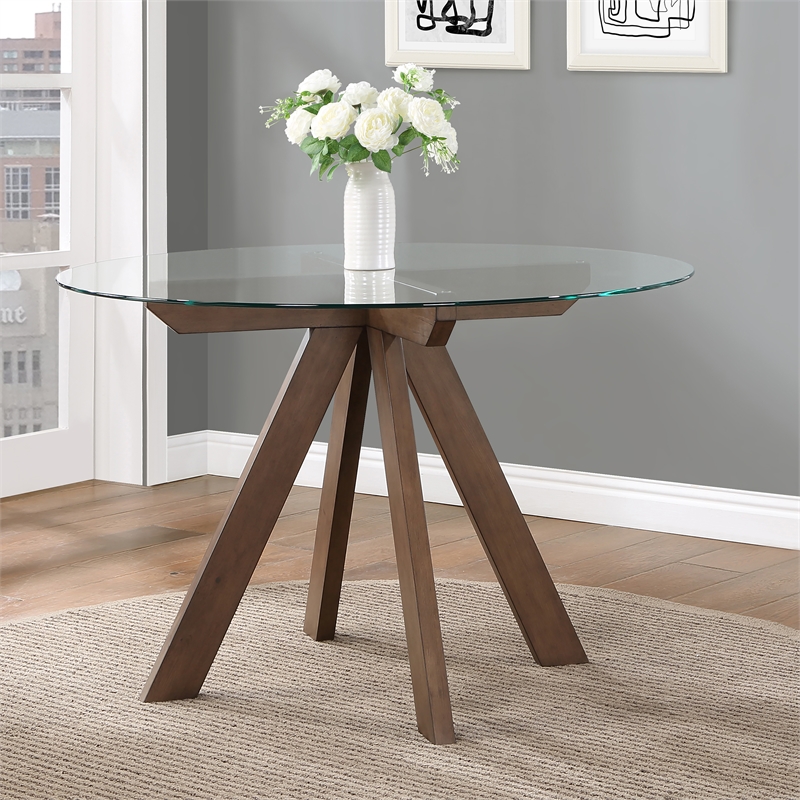 Pemberly Row Transitional Mocha Brown Wood and Glass Top Dining Table