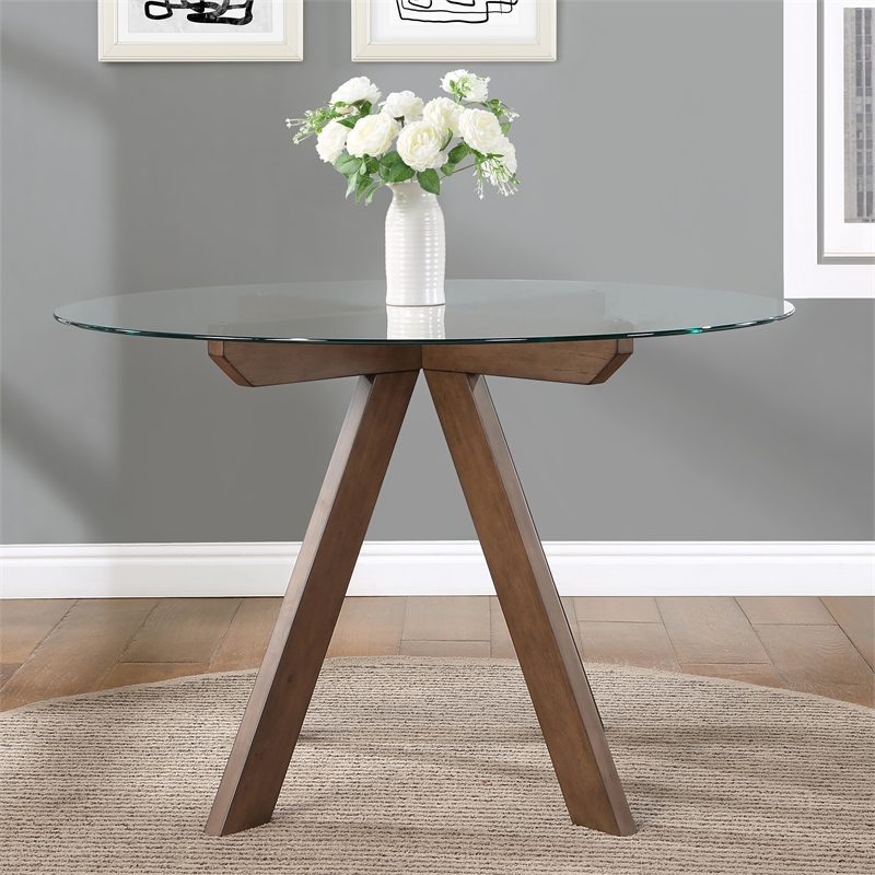 Pemberly Row Transitional Mocha Brown Wood and Glass Top Dining Table