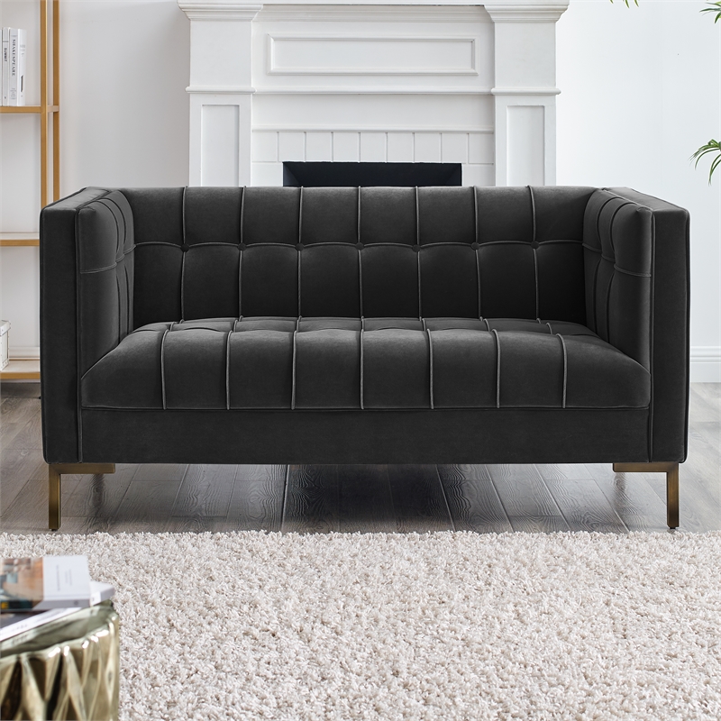 Pemberly Row Contemporary Stitch Gray Velvet Button Tufted Loveseat