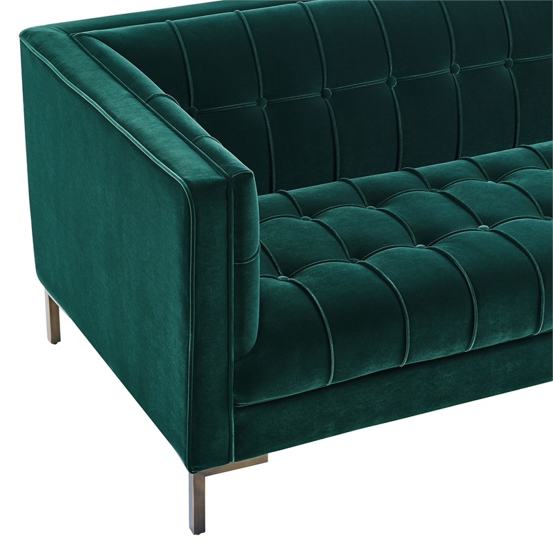 Pemberly Row Contemporary Channel Stitch Green Velvet Button Tufted Sofa