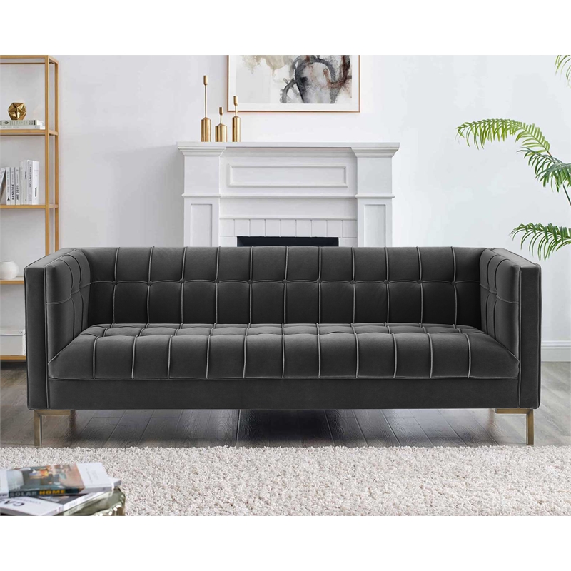 Pemberly Row Contemporary Channel Stitch Gray Velvet Button Tufted Sofa
