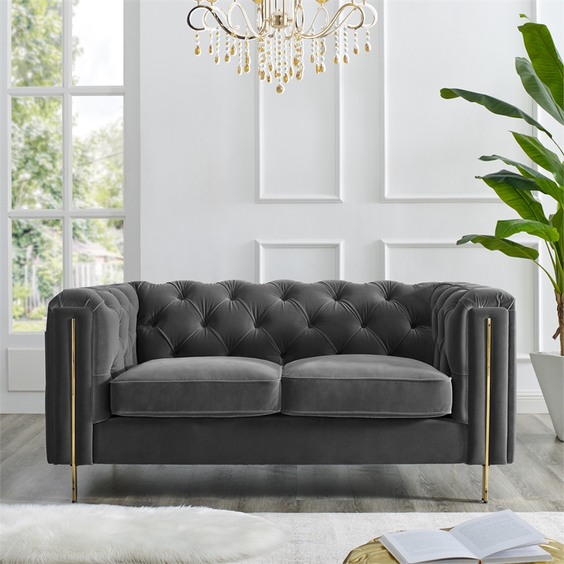Pemberly Row Contemporary Gray Velvet Button Tufted Loveseat