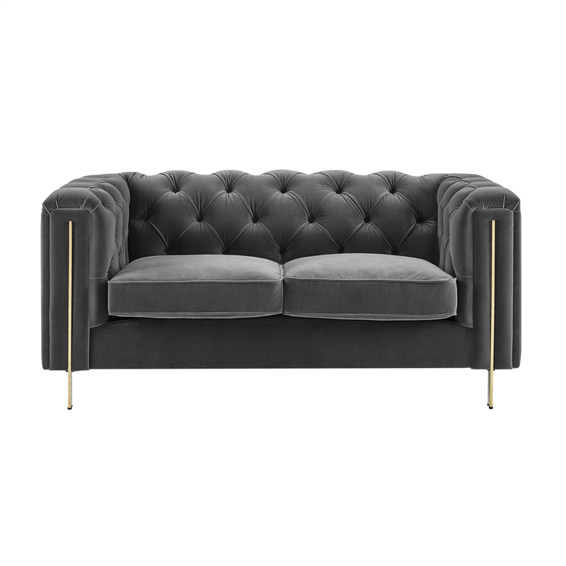 Pemberly Row Contemporary Gray Velvet Button Tufted Loveseat