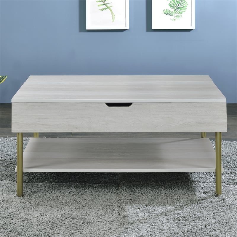 Pemberly Row Contemporary White Wood and Brass Lift Top Coffee Table