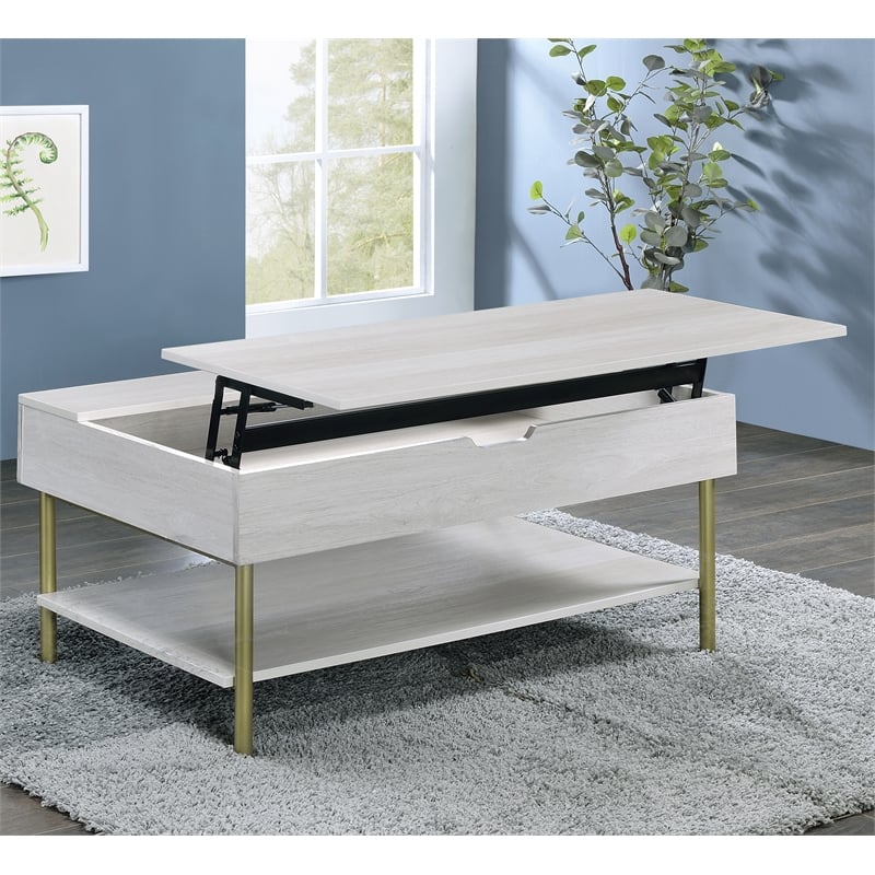 Pemberly Row Contemporary White Wood and Brass Lift Top Coffee Table