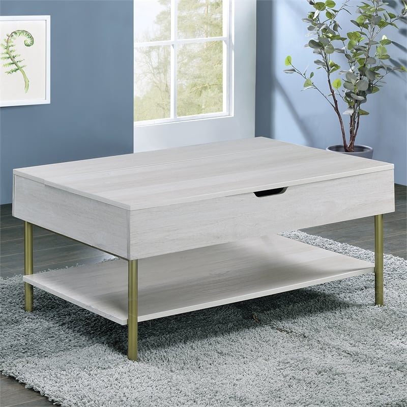 Pemberly Row Contemporary White Wood and Brass Lift Top Coffee Table