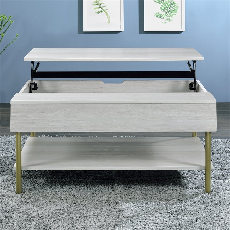 Pemberly Row Contemporary White Wood and Brass Lift Top Coffee Table