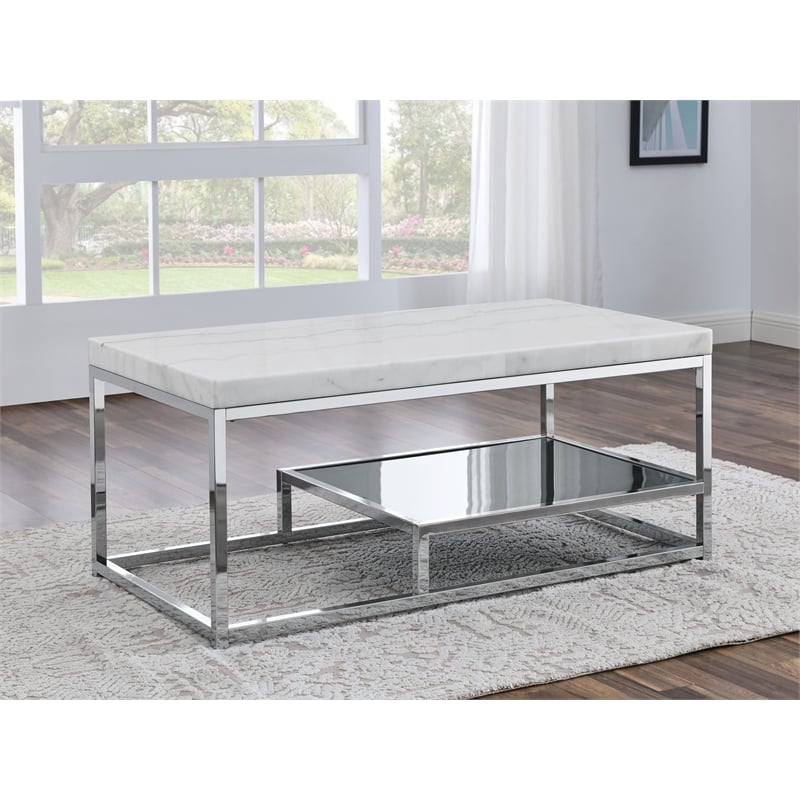 Pemberly Row Modern / Contemporary White Marble Top Cocktail Table