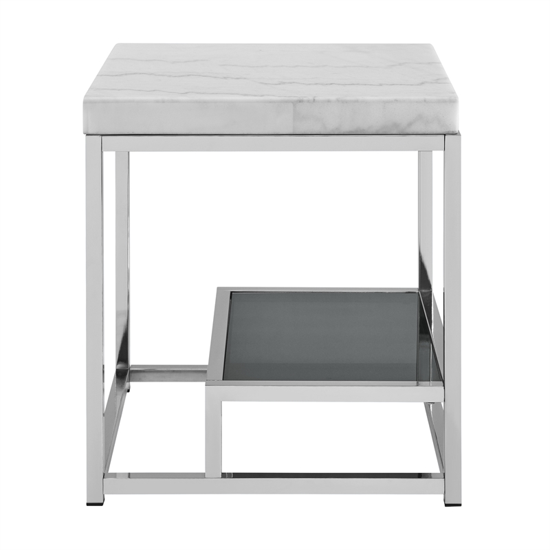 Pemberly Row Contemporary Marble Top and Iron Base End Table in White