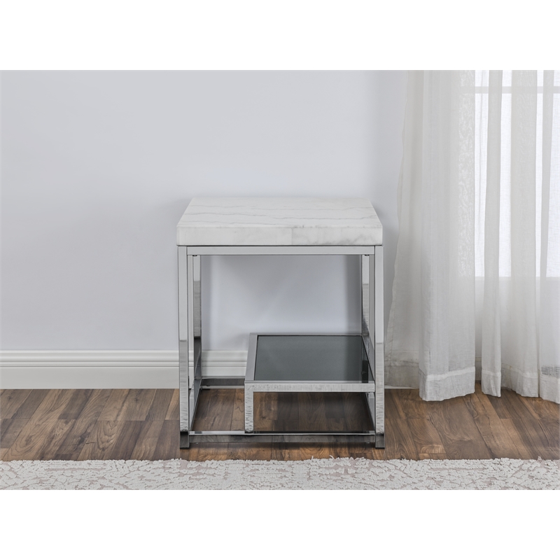 Pemberly Row Contemporary Marble Top and Iron Base End Table in White