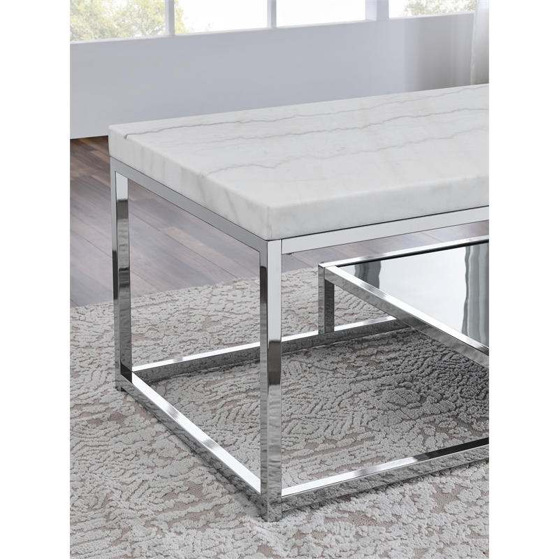 Pemberly Row Contemporary Marble Top and Iron Base End Table in White