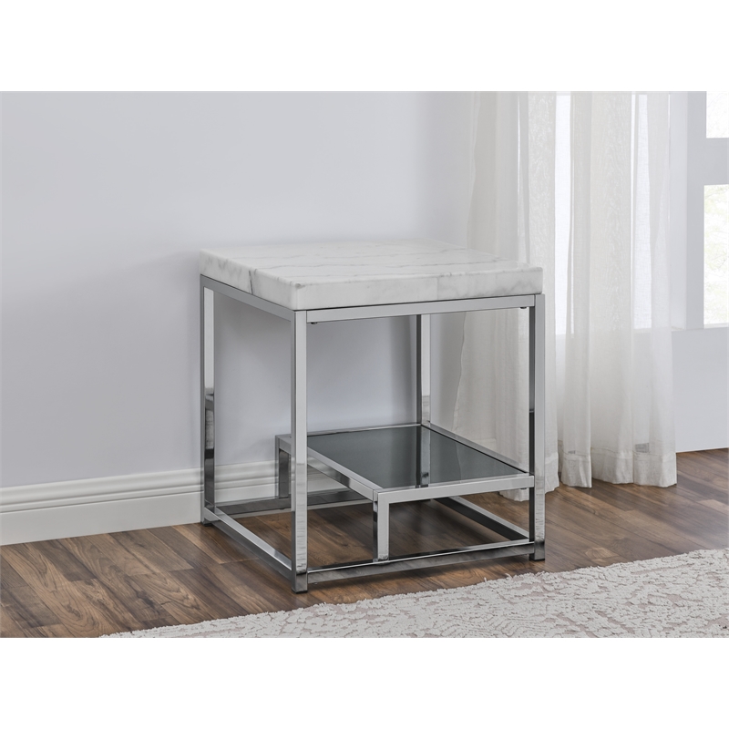 Pemberly Row Contemporary Marble Top and Iron Base End Table in White