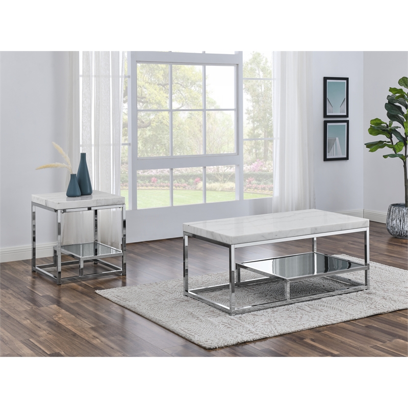 Pemberly Row Contemporary Marble Top and Iron Base End Table in White