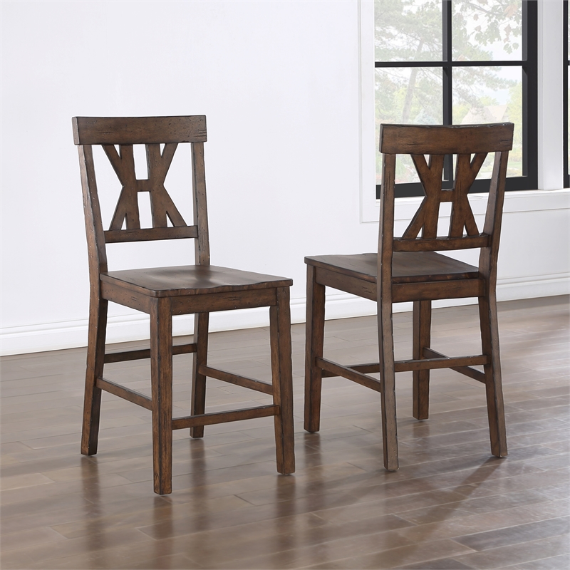 Pemberly Row Rubberwood/Iron Counter Chair in Dark Brown (Set of 2)