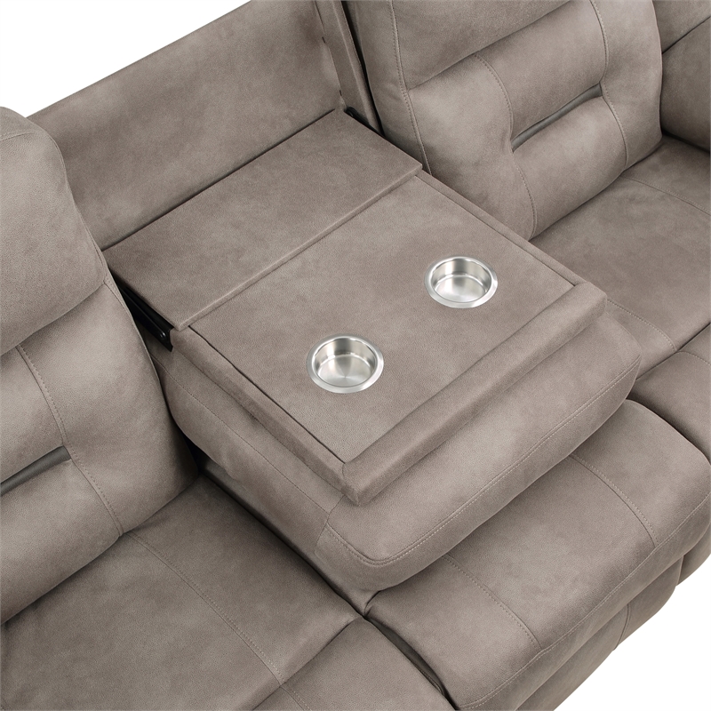 Pemberly Row Polyester Manual Reclining Sofa with Dropdown Console in Brown