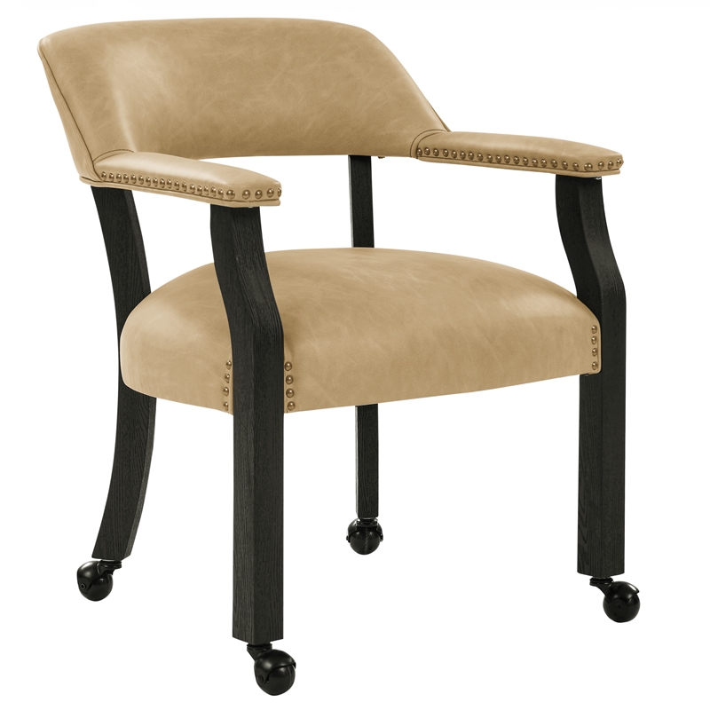 Pemberly Row Faux Leather Dining Arm Chair with Caster in Black