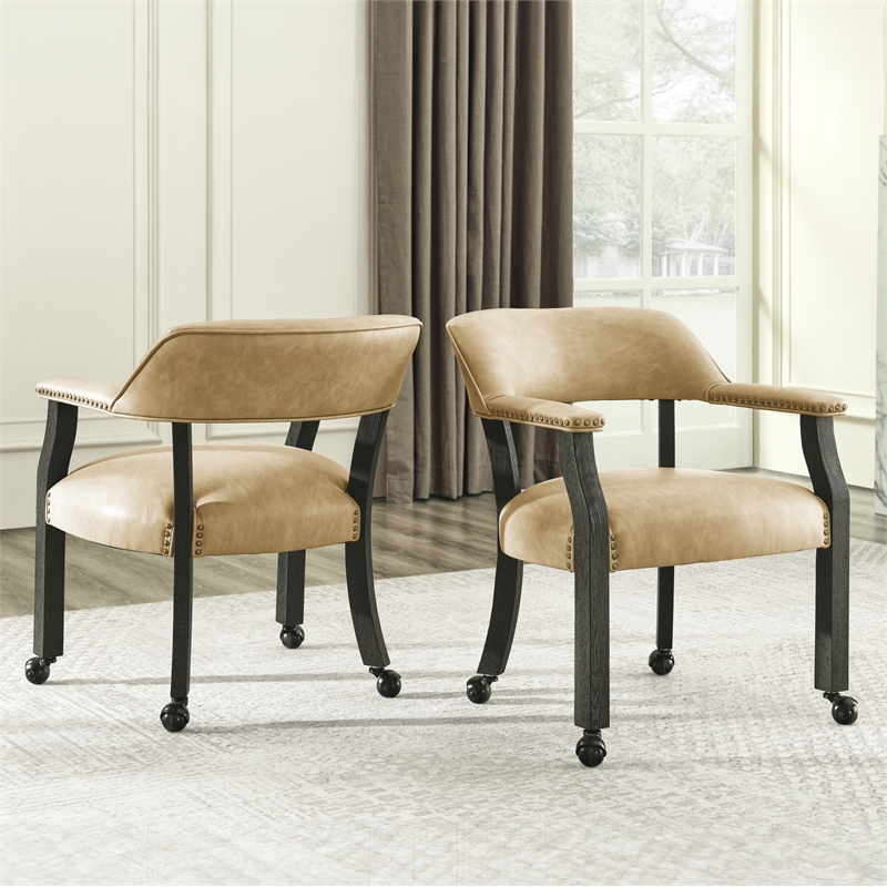 Pemberly Row Faux Leather Dining Arm Chair with Caster in Black