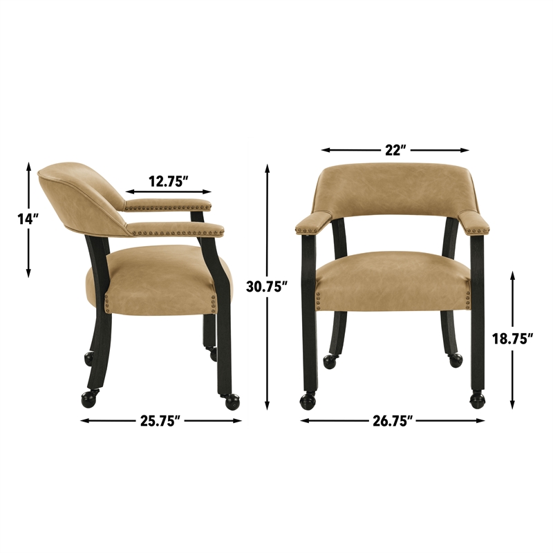 Pemberly Row Faux Leather Dining Arm Chair with Caster in Black