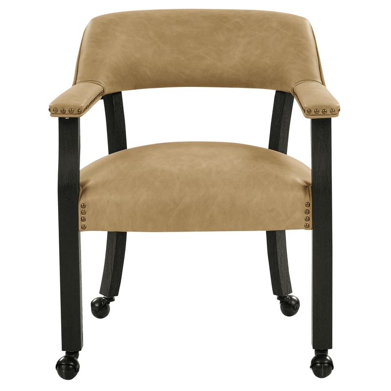 Pemberly Row Faux Leather Dining Arm Chair with Caster in Black