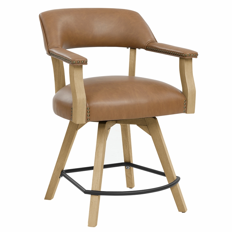 Pemberly Row Transitional Faux Leather Swivel Counter Arm Chair in Brown
