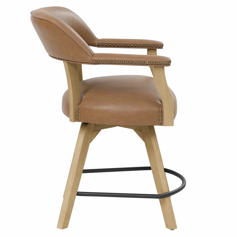 Pemberly Row Transitional Faux Leather Swivel Counter Arm Chair in Brown