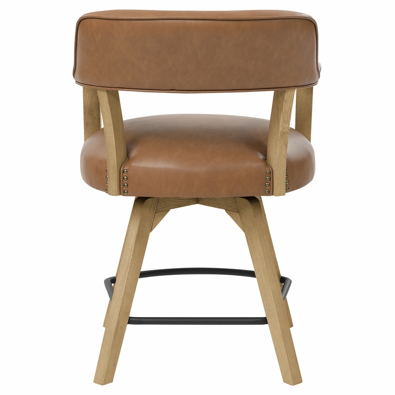 Pemberly Row Transitional Faux Leather Swivel Counter Arm Chair in Brown