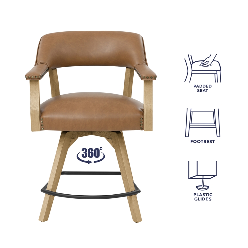 Pemberly Row Transitional Faux Leather Swivel Counter Arm Chair in Brown