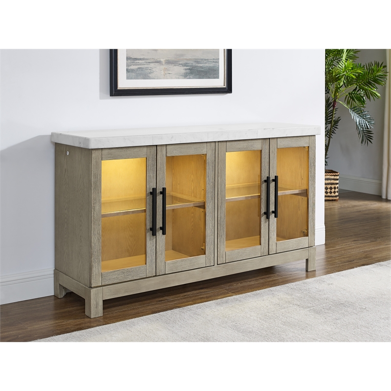 Pemberly Row Marble Top Sideboard with Touch Lighting in Brown
