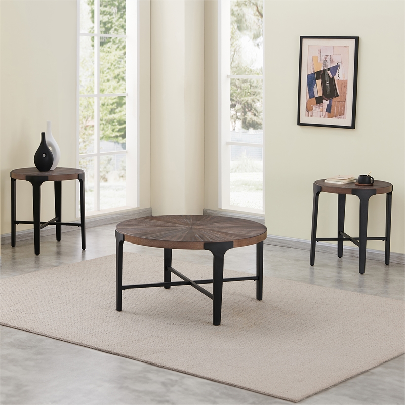 Pemberly Row Contemporary Engineered Wood Round End Table in Brown
