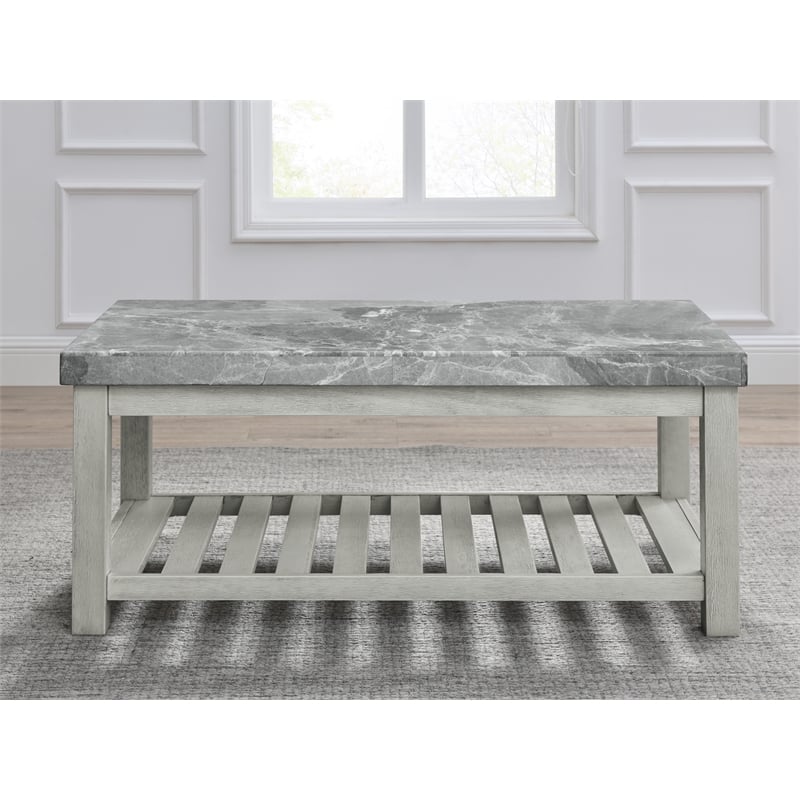 Pemberly Row Farmhouse / Country Marble Top Cocktail Table in White