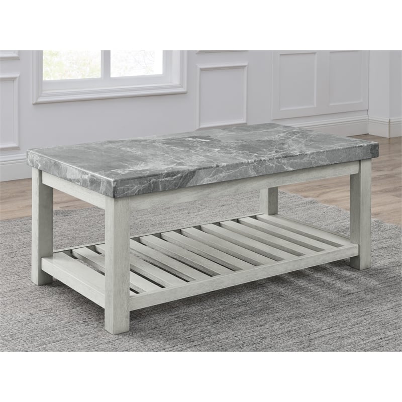 Pemberly Row Farmhouse / Country Marble Top Cocktail Table in White