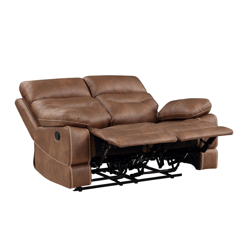 Pemberly Row Polyurethane Upholstered Manual Loveseat in Brown