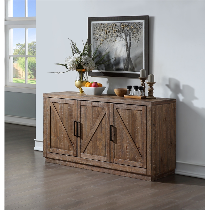 Pemberly Row Farmhouse Engineered Wood Buffet/Server in Brown