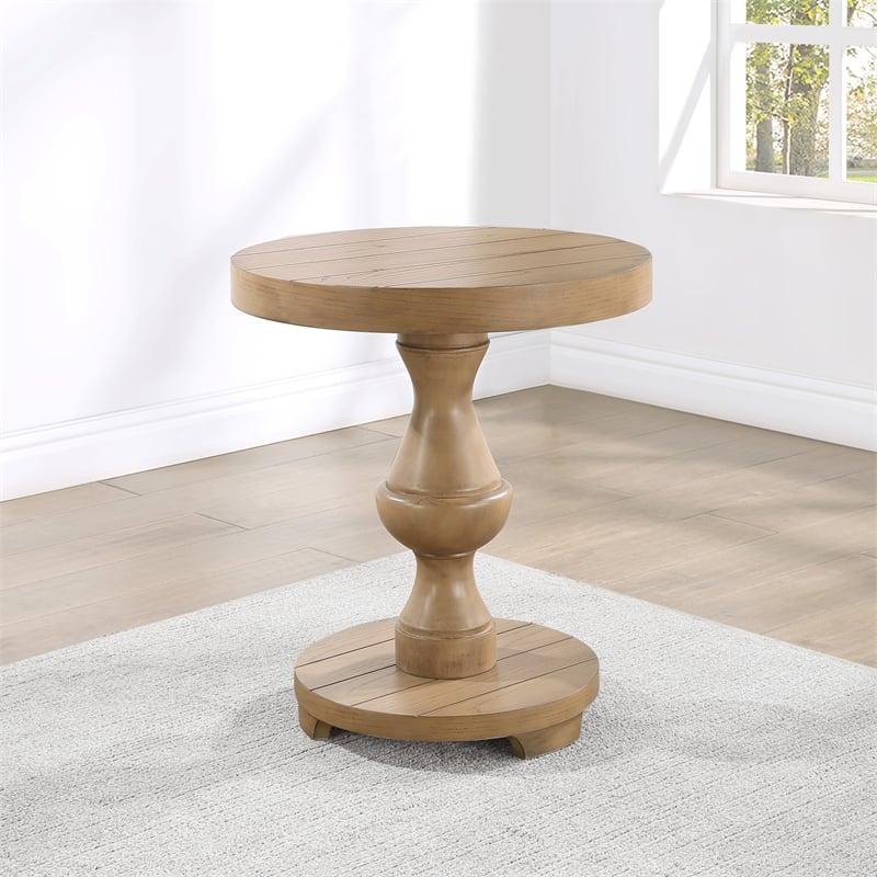 Pemberly Row Farmhouse Round Engineered Wood End Table in Sand