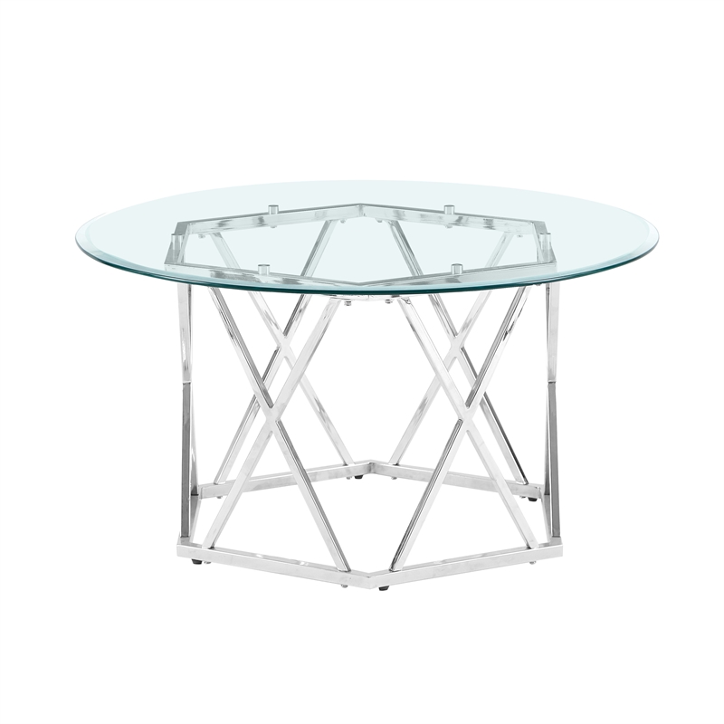 Pemberly Row Contemporary Round Tempered Glass Cocktail Table in Silver