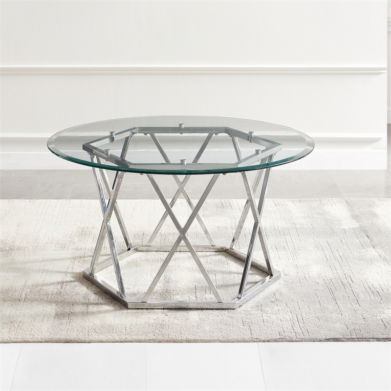 Pemberly Row Contemporary Round Tempered Glass Cocktail Table in Silver