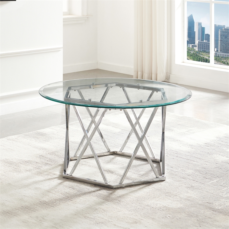 Pemberly Row Contemporary Round Tempered Glass Cocktail Table in Silver